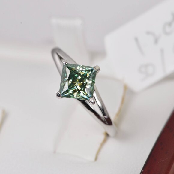 GRA Certified 1.2ct Princess Blue Green Engagement Moissanite Ring - Picture 2 of 7